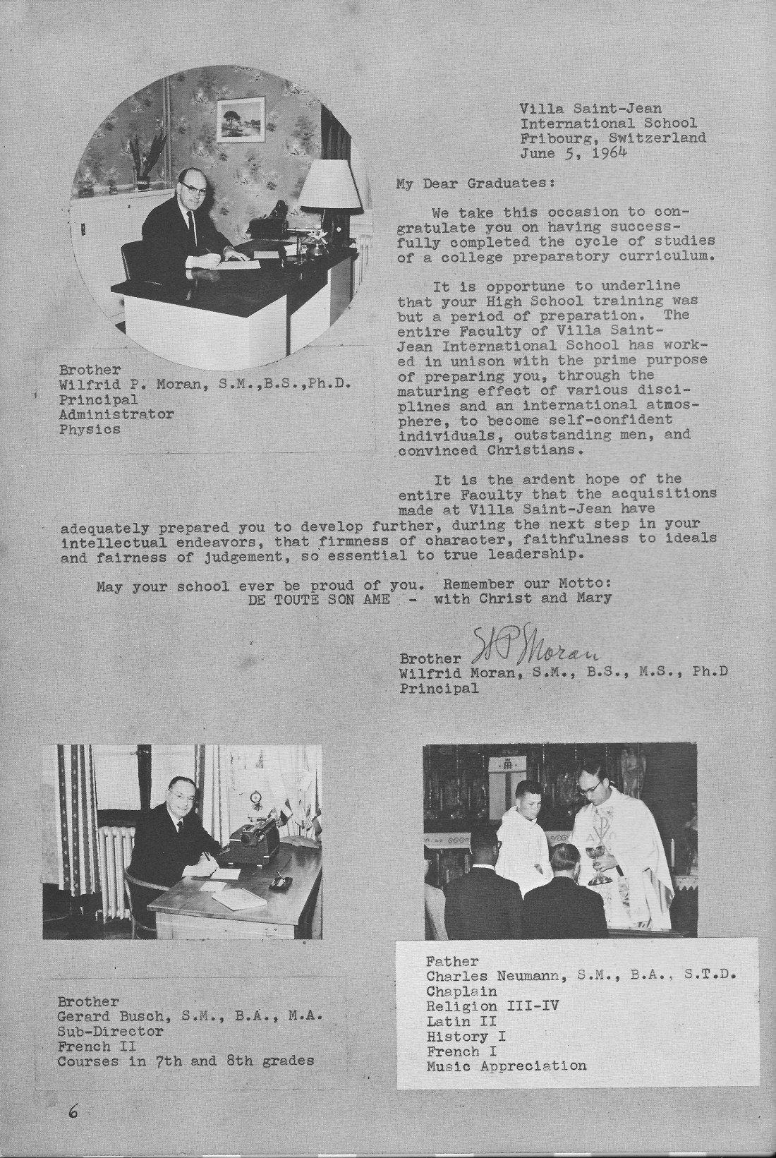 Brother Wilfrid Moran Commentary  for Villa Saint Jean International School  1964 Yearbook Le Chamois
