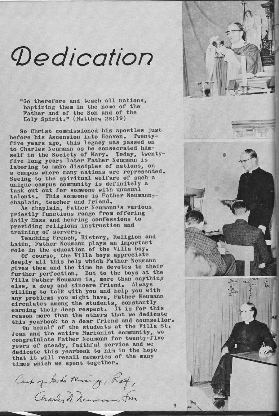 DEDICATION Page  by Rev Charles Neumann for  Villa Saint Jean International School  1965 Yearbook Le Chamois