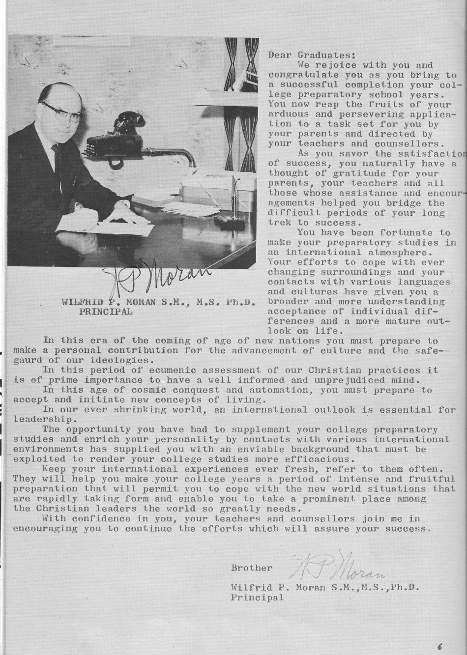 Commentary by Principal Brother Wilfrid Moran  for  Villa Saint Jean International School  1965 Yearbook Le Chamois
