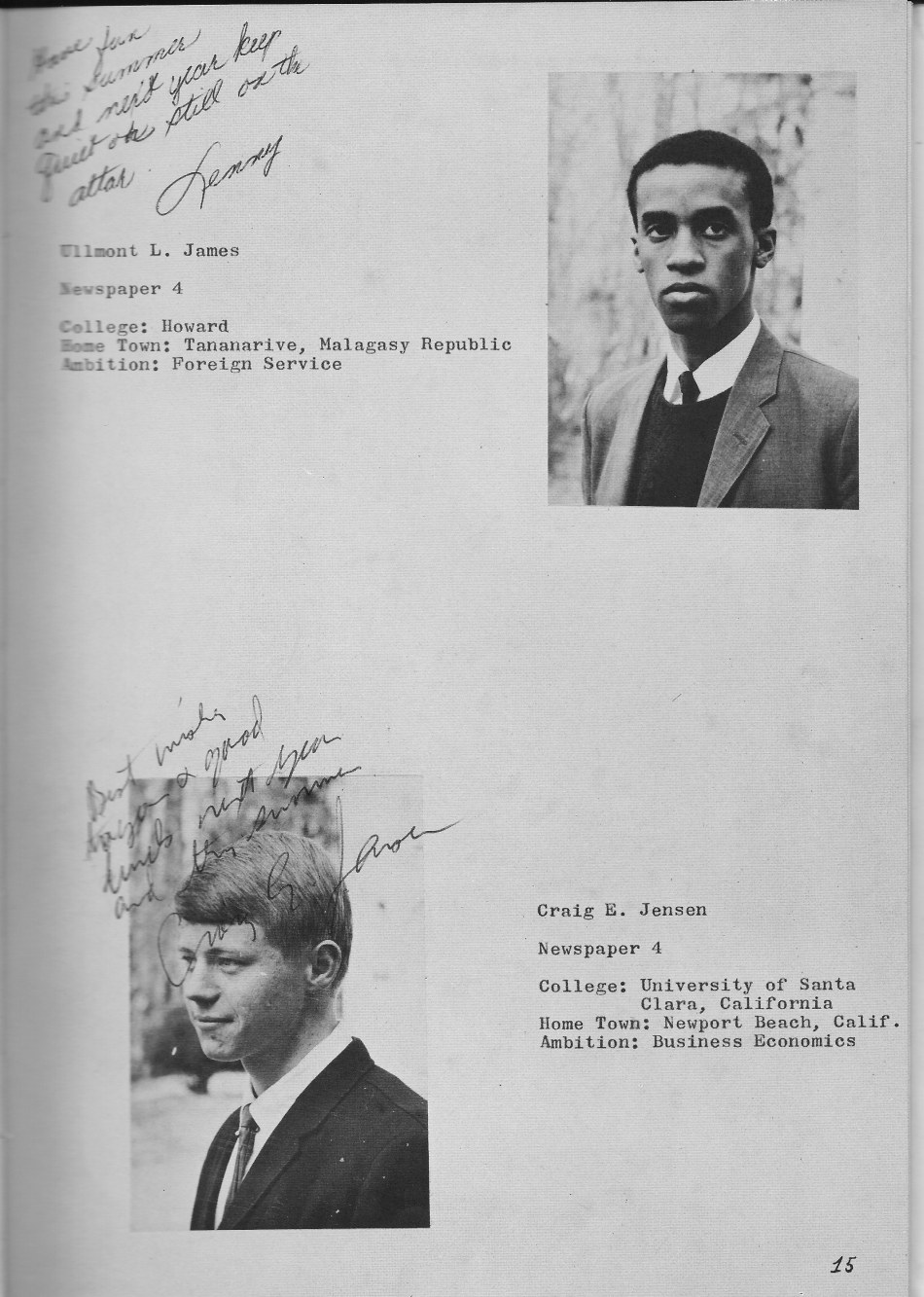 SENIORS PHOTOs 2  for Villa Saint Jean International School  1965 Yearbook Le Chamois
