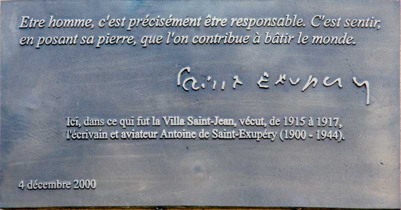 Plaque Commemerating Antoine de Saint-Exupéry at Villa Saint Jean 