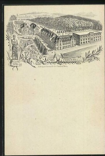  Writing Paper Vertreterkarte Fribourg, Villa St. Jean, Internationale Schule, Gebaudeansicht & Statue2