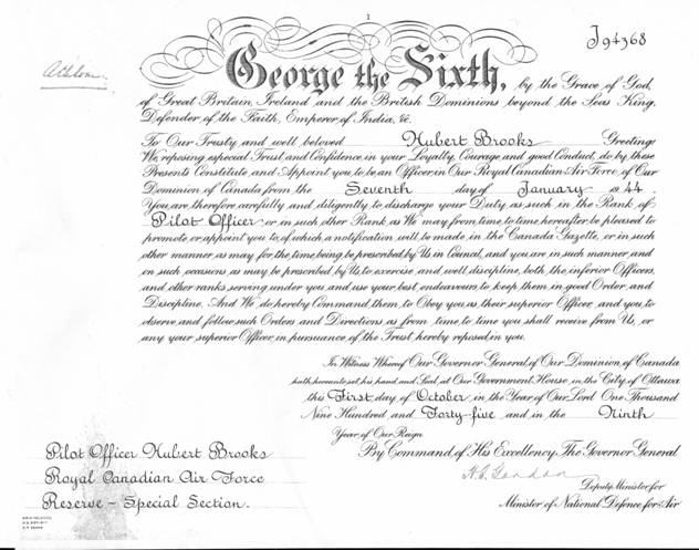 Official RCAF Diploma presented to Hubert Brooks upon graduation as Pilot Officer