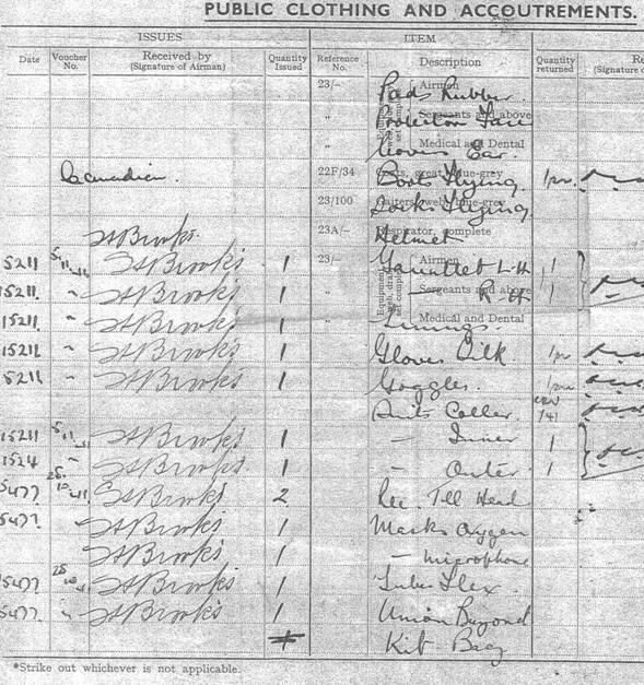 Hubert Brooks Flying Gear Signout Sheet issued at 3 PRC Bournemouth
