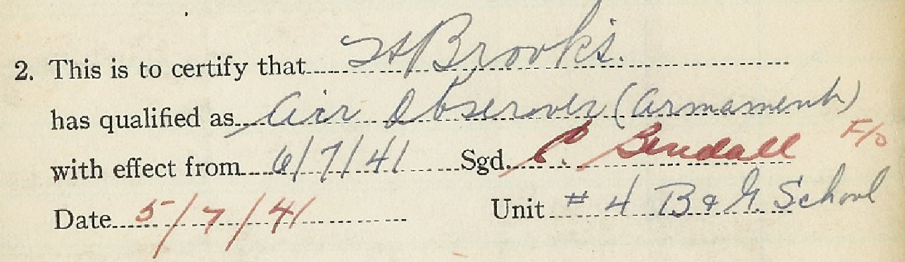 Certification In Log Book that Hubert Brooks an Air Observor (Armament) in RCAF