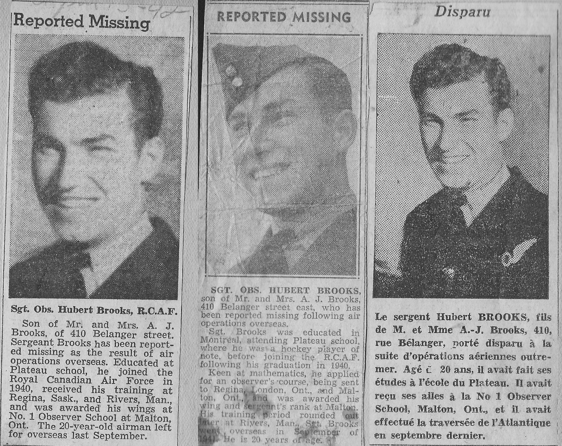 Newspaper Articles Hubert Brooks Reported Missing  