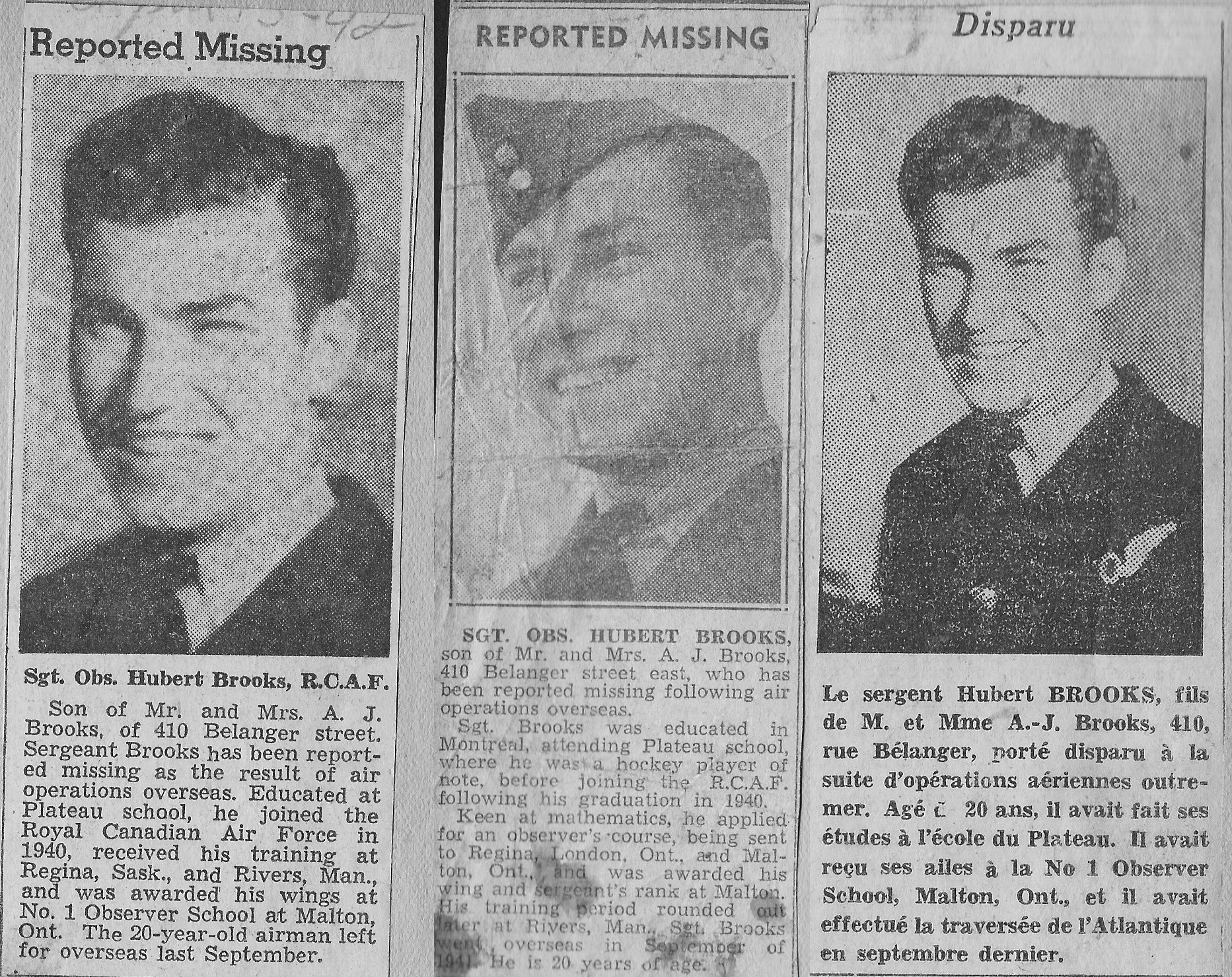 Newspaper Articles Hubert Brooks Reported Missing  