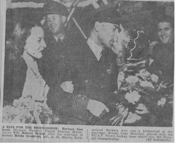 Photo: Hubert Brooks gives kiss to Bridesmaid Barbara Ann Scott after Wedding in St. Moritz