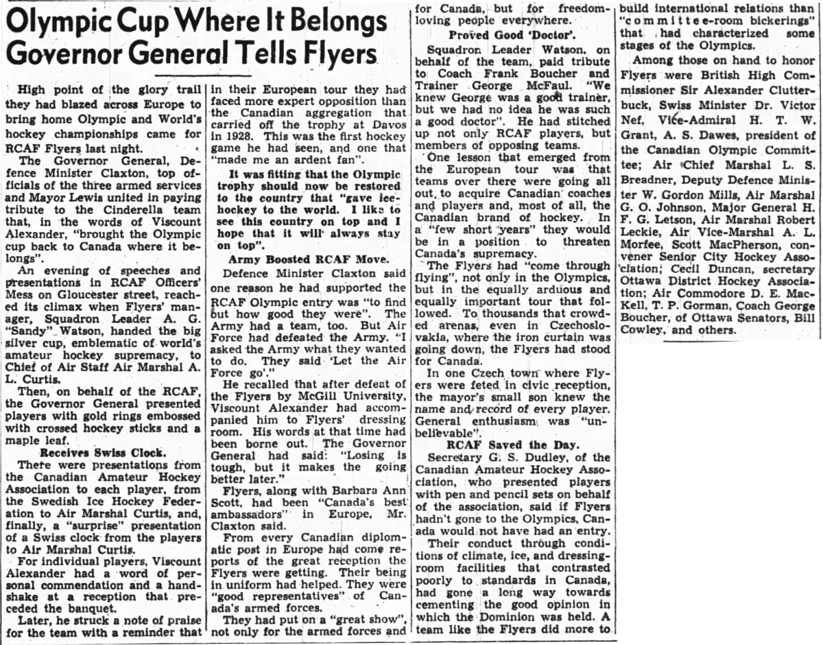 News Article: April 9, 1948 Celebration Dinner for  RCAF Flyer Olympic Champion Team at Officer Mess Beaver Barracks  