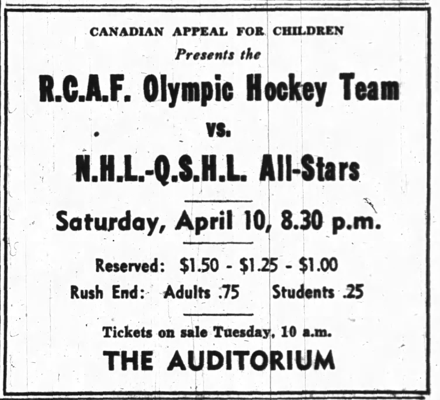 Photo: Newspaper AD for RCAF Flyer Last Match Against NHL QSHL All Star Team April 10  1948