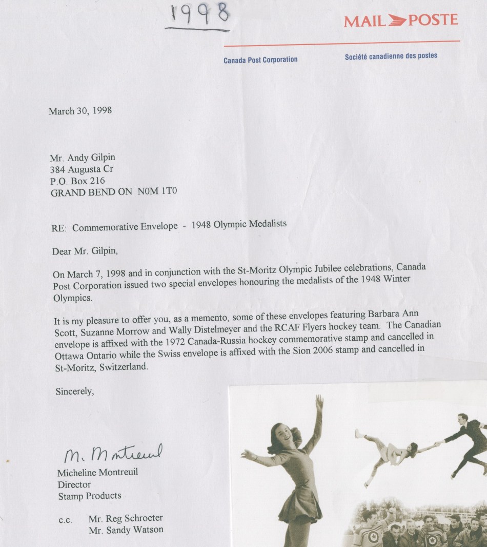 Photo: CANADA POST Letter concerning commemorative envelope  honoring the R.C.A.F. Flyers and other Canadian Medal Winners