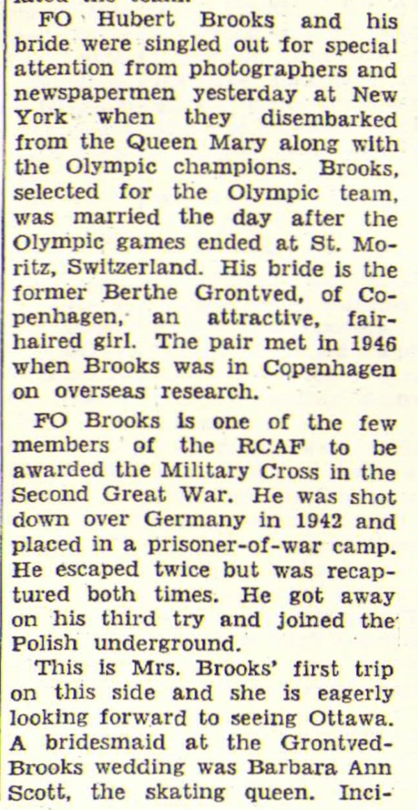 Photo: Ottawa Citizen Newspaper Article regarding Hubert and Birthe Brooks Arrival in New York City 