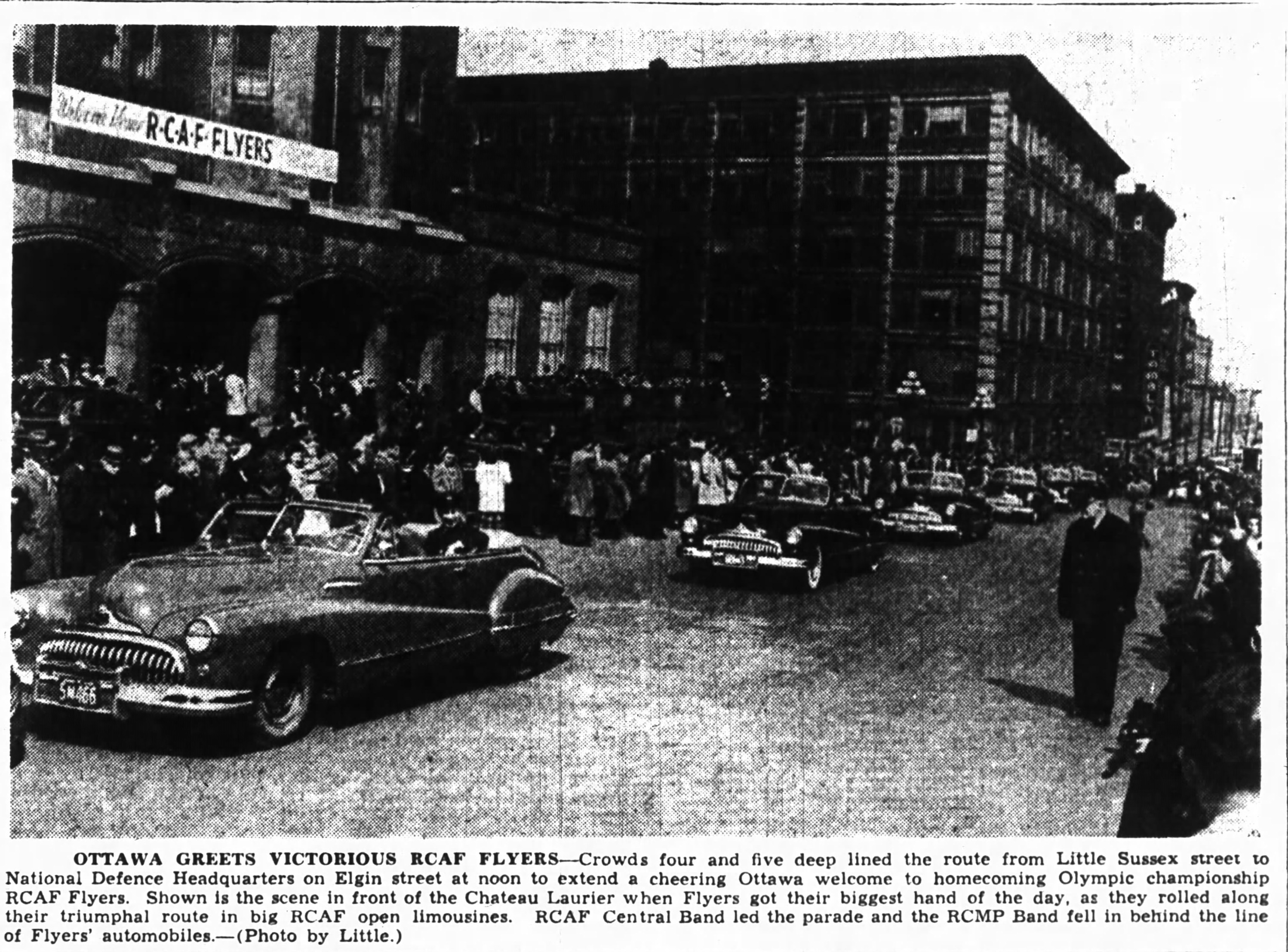 Photo: RCAF Flyer Welcome Home Parade Motorcade in Downtown Ottawa driving by Chateau Laurier Hotel