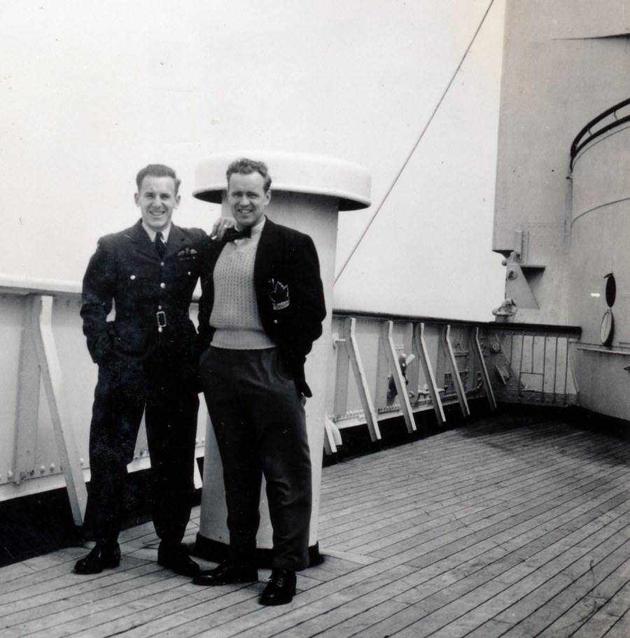 Photo: Flyers Schroeter and Boucher on the deck of the Queen Mary 