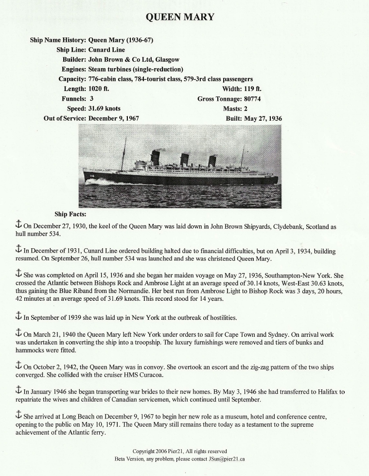 Photo: Cunrad Line Queen Mary Fact Sheet
