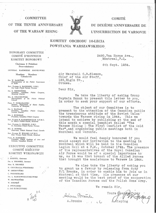 Photo: Letter to Air Marshall Slemon requesting Hubert Brooks spaeak at 10th Anniversary of Warsaw Rising
