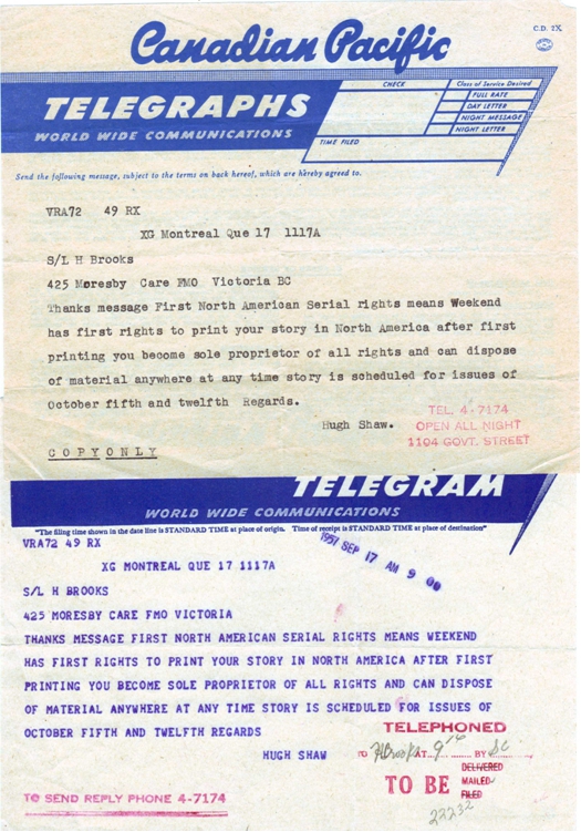 Photo:CP Telegram to Hubert Brooks confirming Weekend Story rights