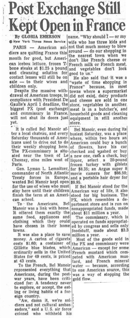 Image: New York Times Article on Closing of Bel Monoir PX Facility circa 1967