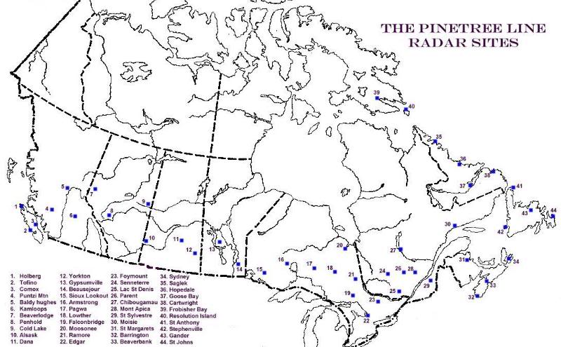 Map Illustrating Location of RCAF Radar Stations on the PINETREE LINE