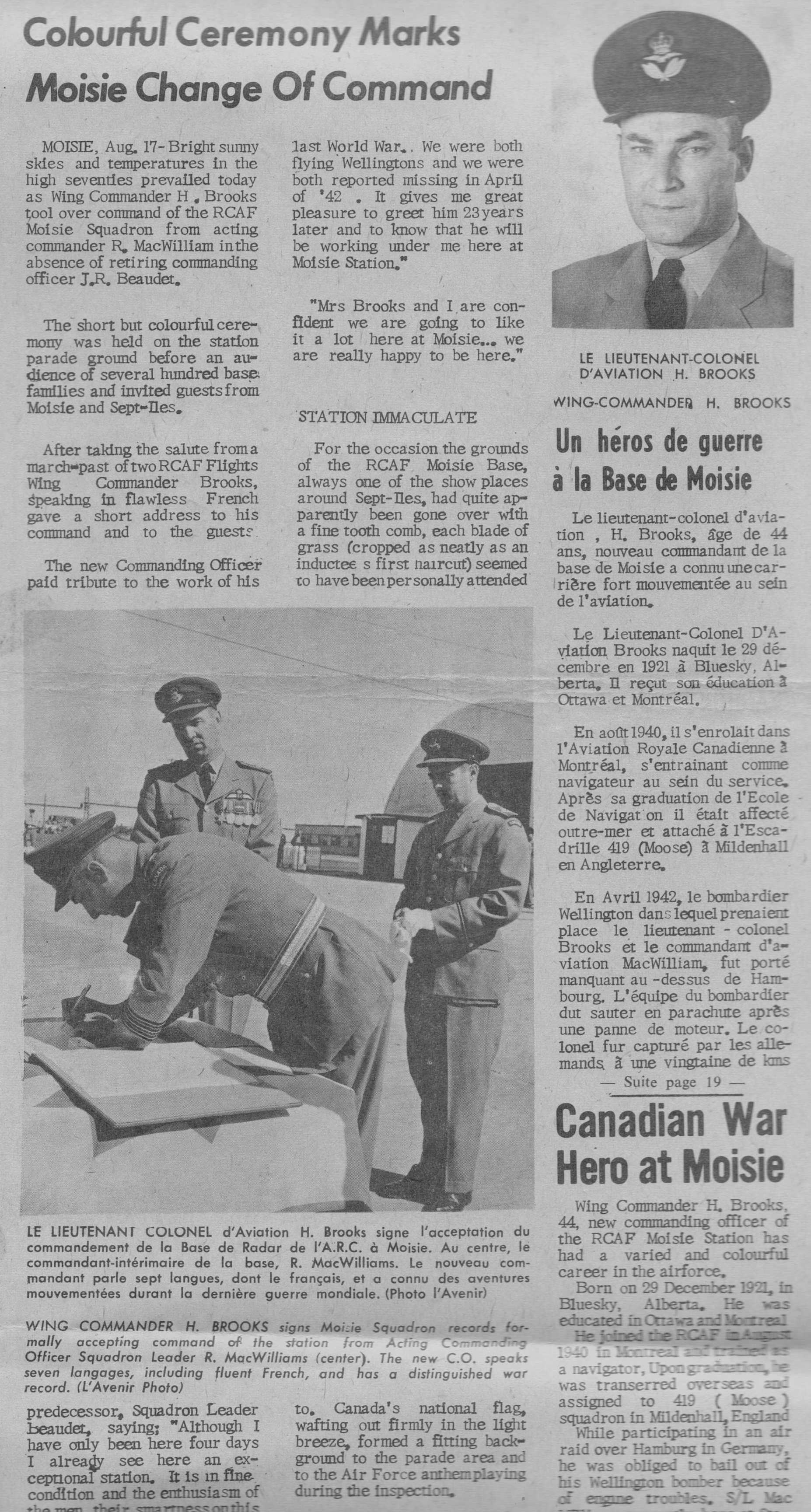 Sept Iles newspaper L'Avenir coverage of Hubert Brooks assuming command of RCAF Moisie