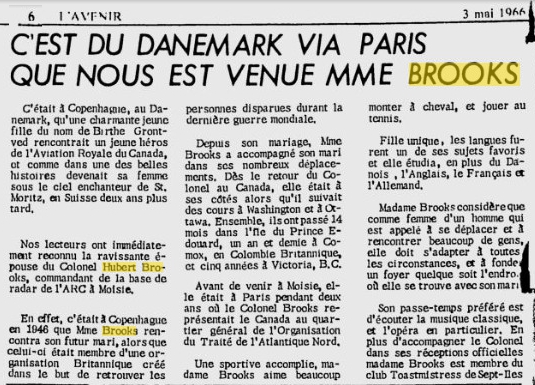 Photo:L'Avenir May 3, 1966 article on Birthe Brooks French