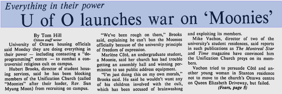 Photo: Ottawa Citizen Article War on Moonies and University of Ottawa 1 