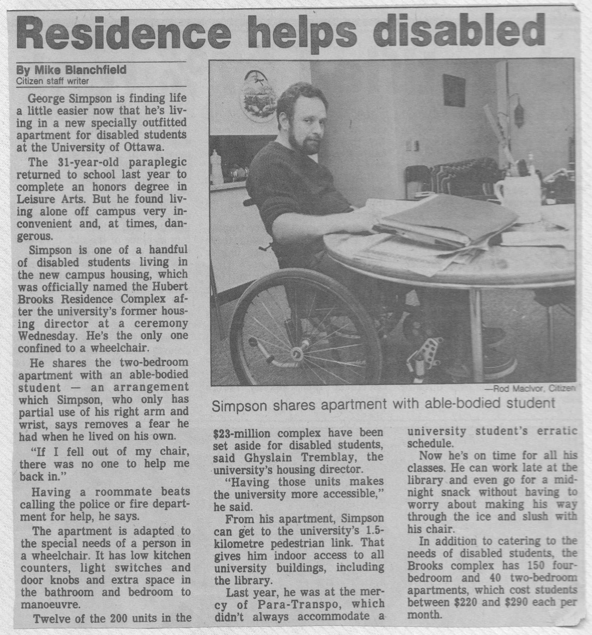 News Article University of Ottawa  Brooks Residence Helps Disabled 
