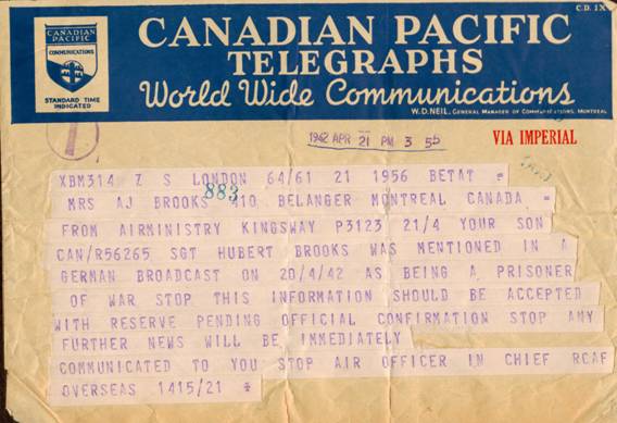 telegram speculating Hubert Brooks was alive but held as a PoW