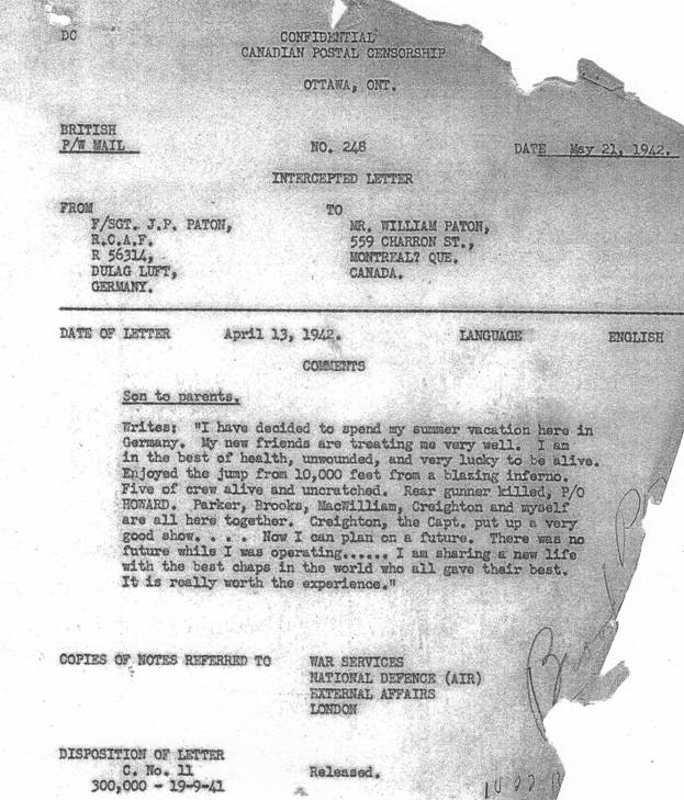 Intercepted Letter from crewmate Patton telling he was a PoW in Stalag Luft. 
