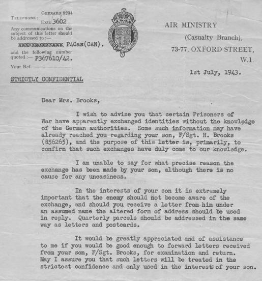 Letter from Air Ministry to Hubert Brooks' mother informing her of the exchange in identity. 