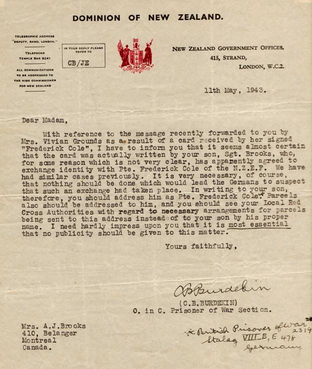 Letter from New Zealand Government to Hubert Brooks' mother informing her of the exchange in identity. 