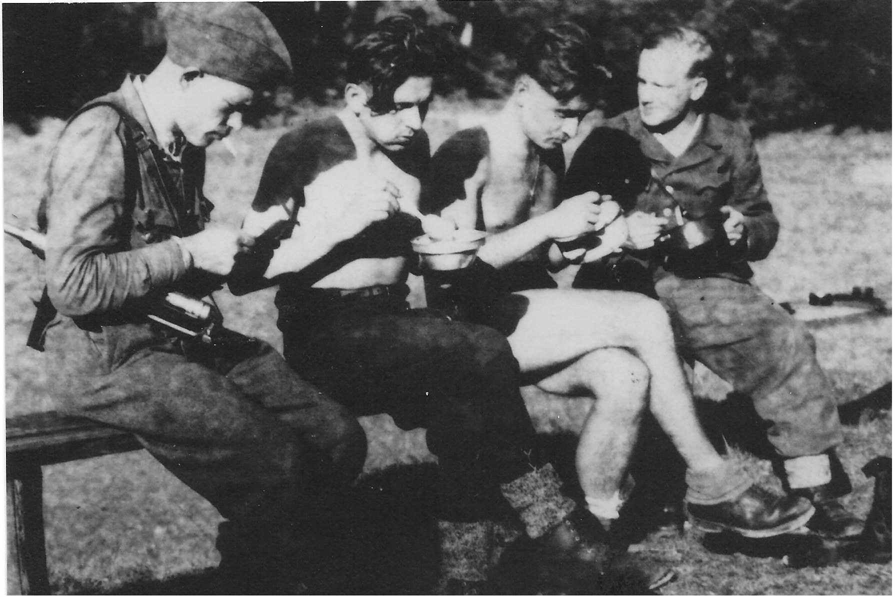 Photo: 1944 YMCA Lubogoszcz Camp Andrzej Chorągwicki ps Wróbel, NN, Jan Załubski ps Hiszpan, Stanisław Luber ps Indyk