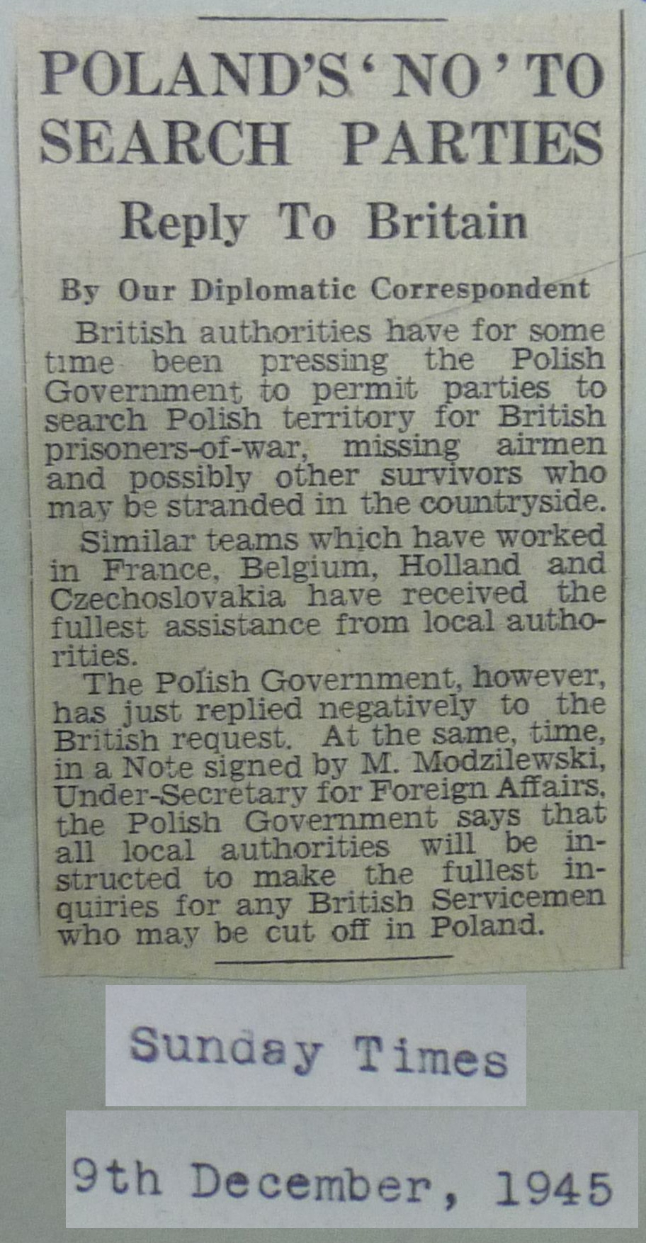 Image of Sunday Dec 9 1945 News Article re POland Saying NO to British Search Teams Looking for missing POWs
