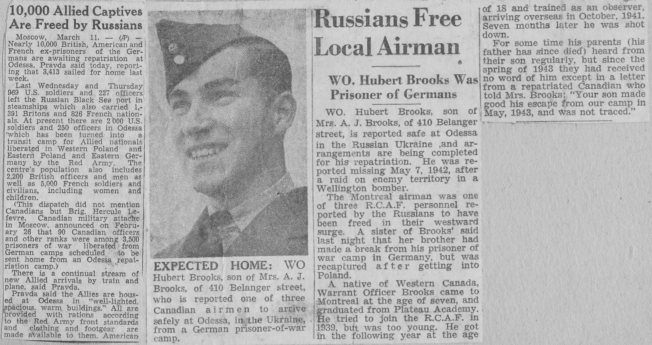 Image of 2 Montreal Newspaper Articles - one on Odessa Camp the other on Hubert Brooks being liberated