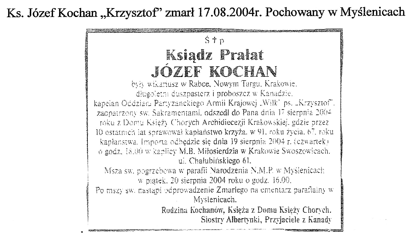 Józef Kochan Obituary