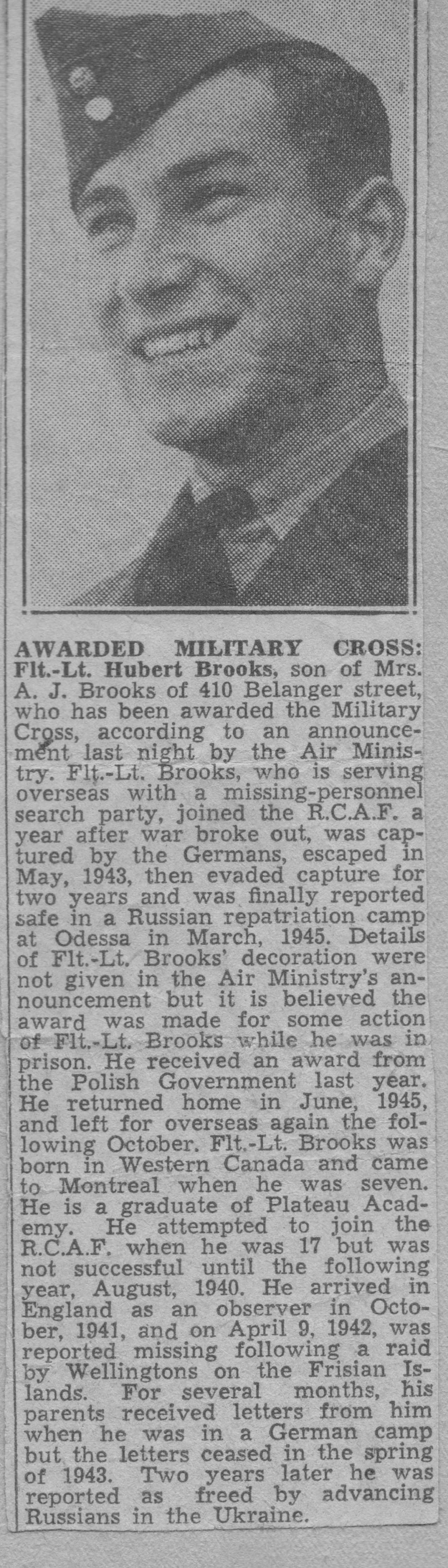 Newspaper Photo 1 Hubert Brooks Military Cross award