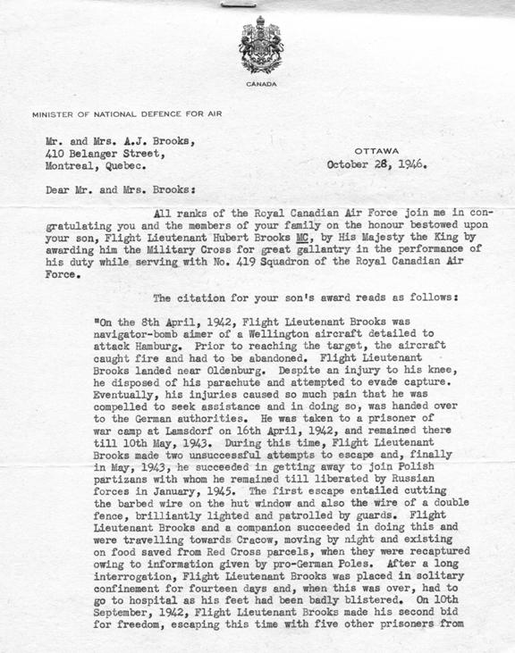 Image Hubert Brooks Military Cross citation Letter 1