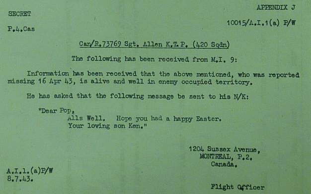 MI9 Note on Sgt Ken Allen message