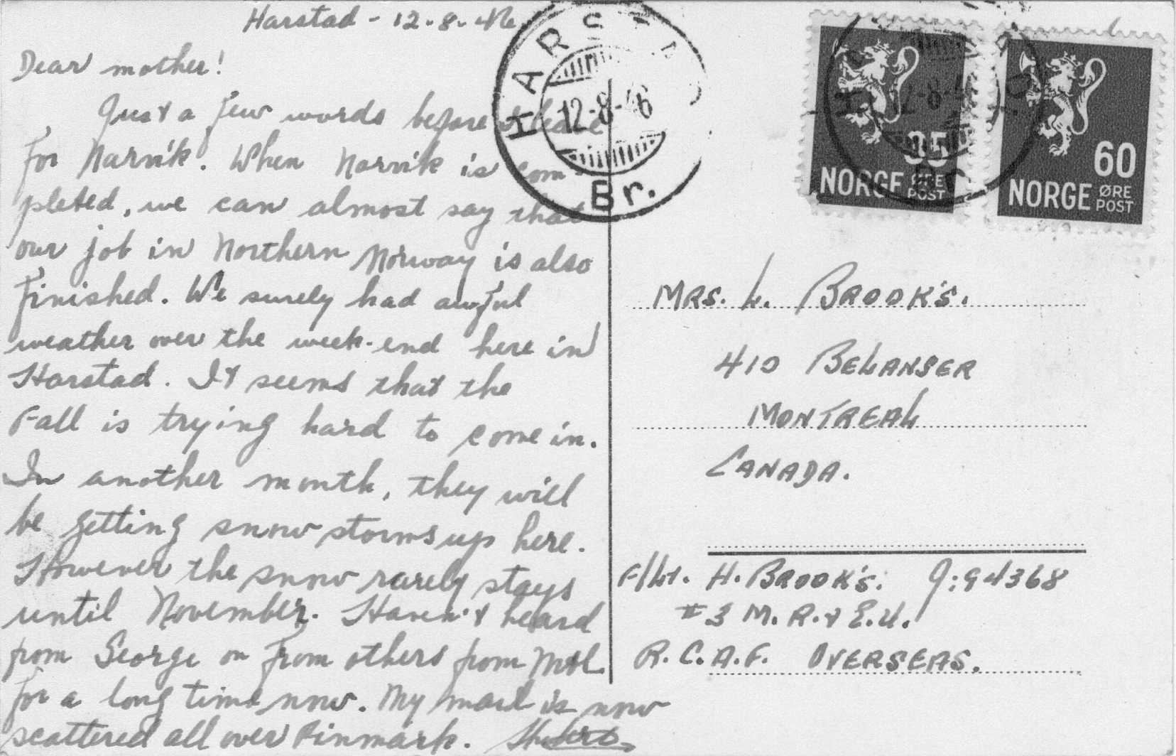 Hubert Brooks POSTCARD text to his mother from Harstad Norway
