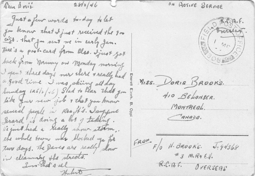 Image 28 Feb 1946 Postcard from Hubert Brooks to his Sister Doris