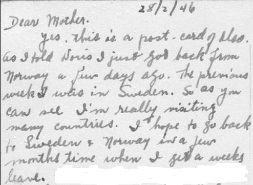 Image 28 Feb 1946 Postcard from Hubert Brooks to his Mother