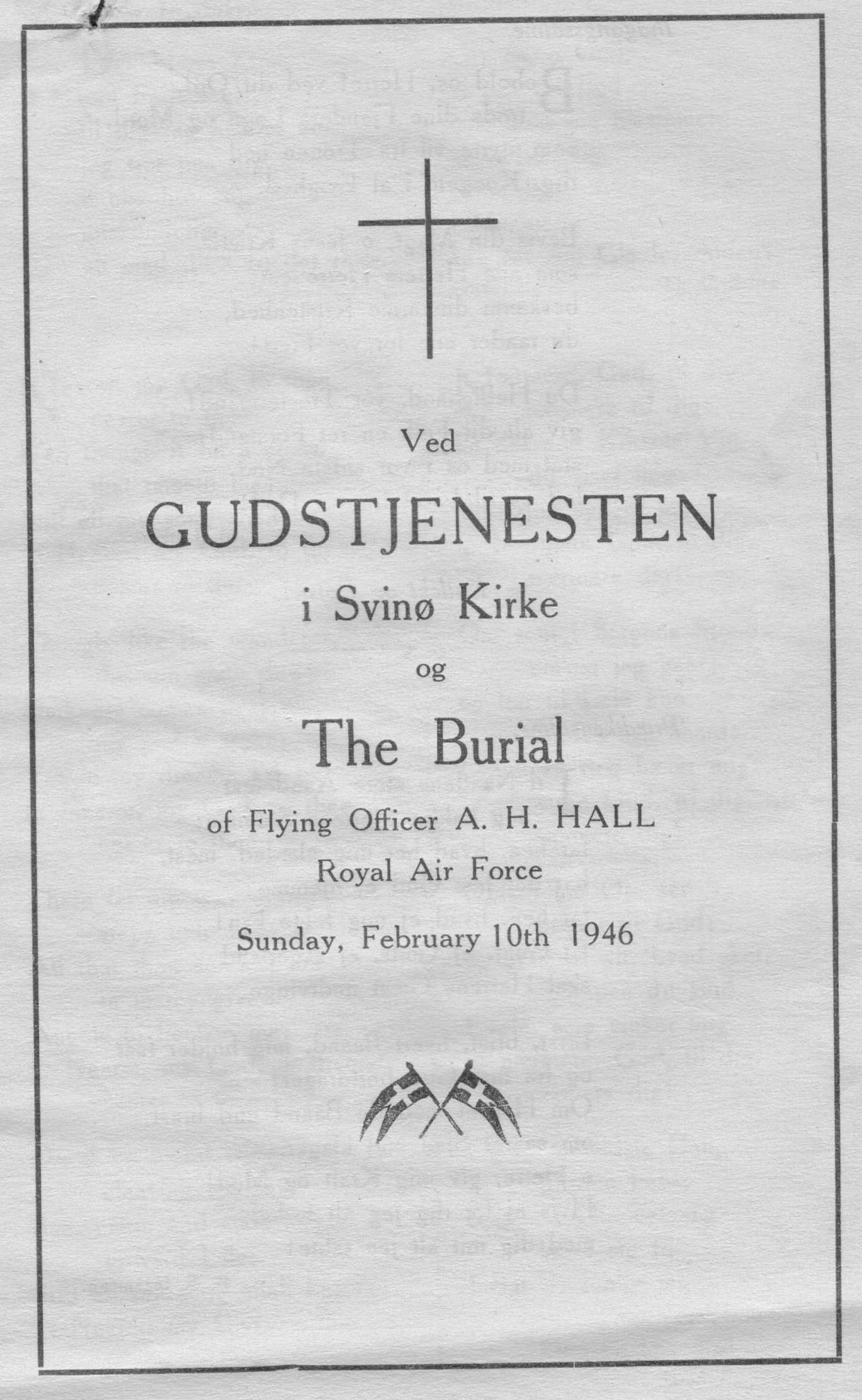 Image Front Page of Program for Funeral of RAF Airman A.H. Hall