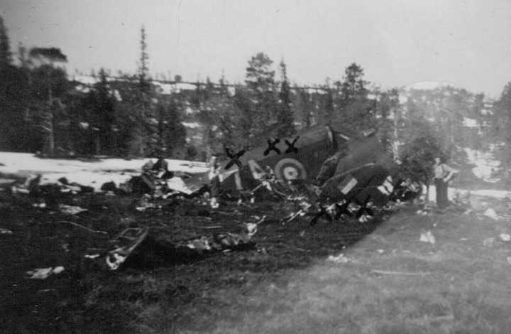 PHOTO at Stjordal Norway crash site. W/C Bennett and crew safe after 28Apr42 crash.