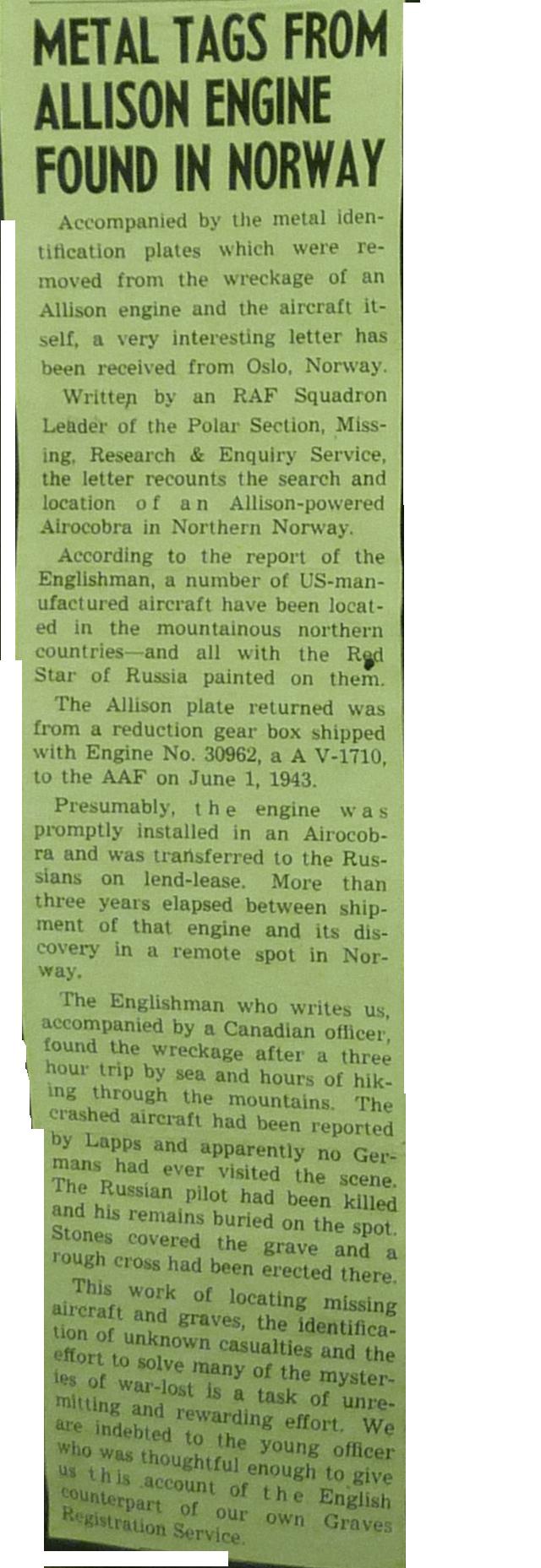 IMAGE 2 from Allison Engine Newspaper to Emplyees re Enquiry from Chick Rideal