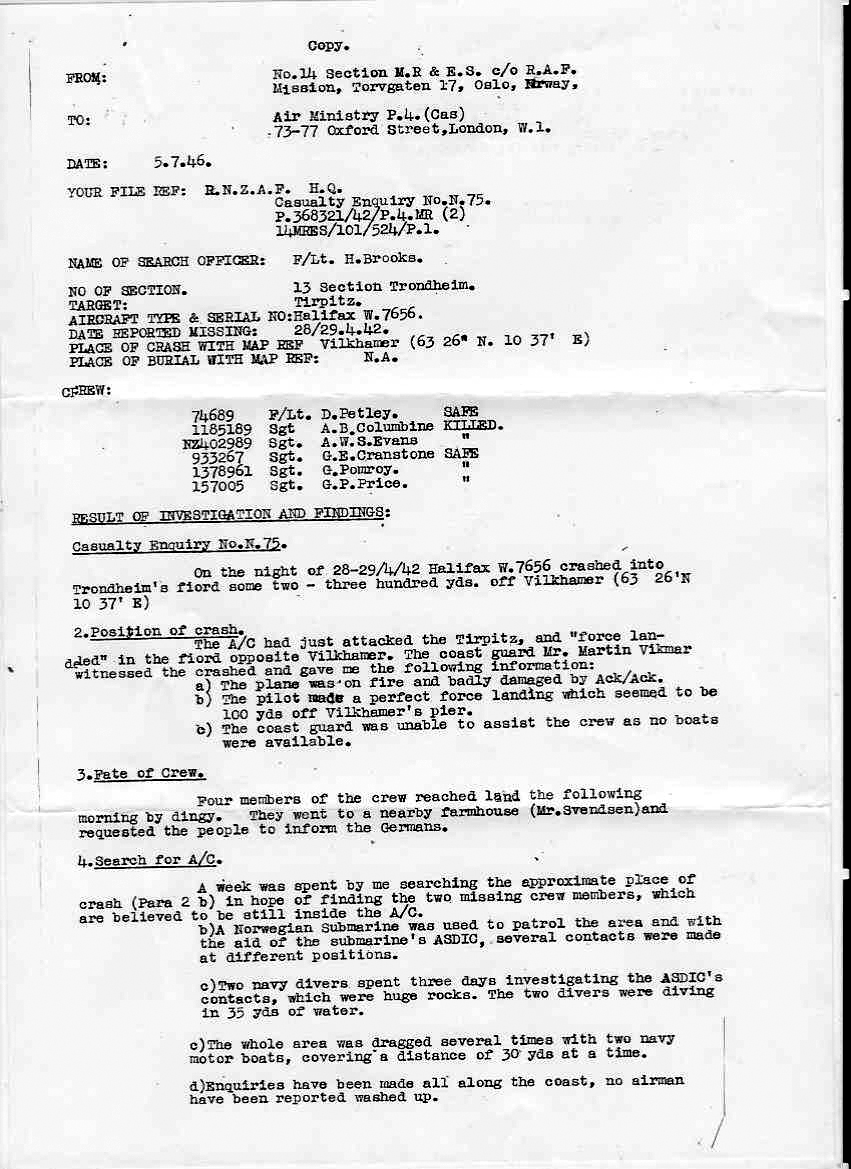 Image of Hubert Brooks MRES Casualty Enquiry Report N 75 page 1 of 2