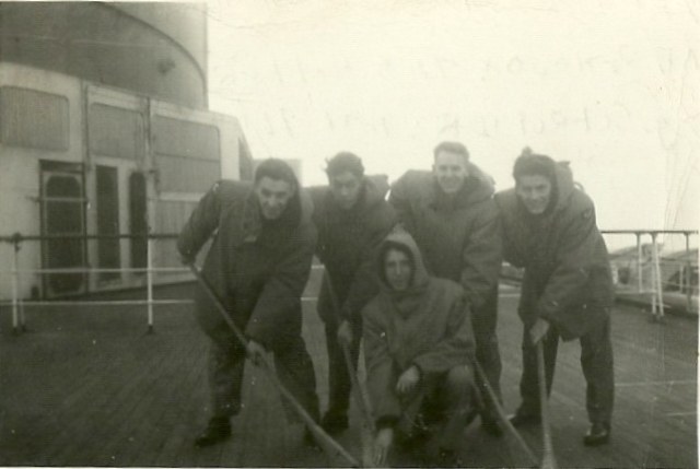 Photo: Some RCAF Flyers with Parkas Aboard The Queen Elizabeth Enroute to Southhampton, UK