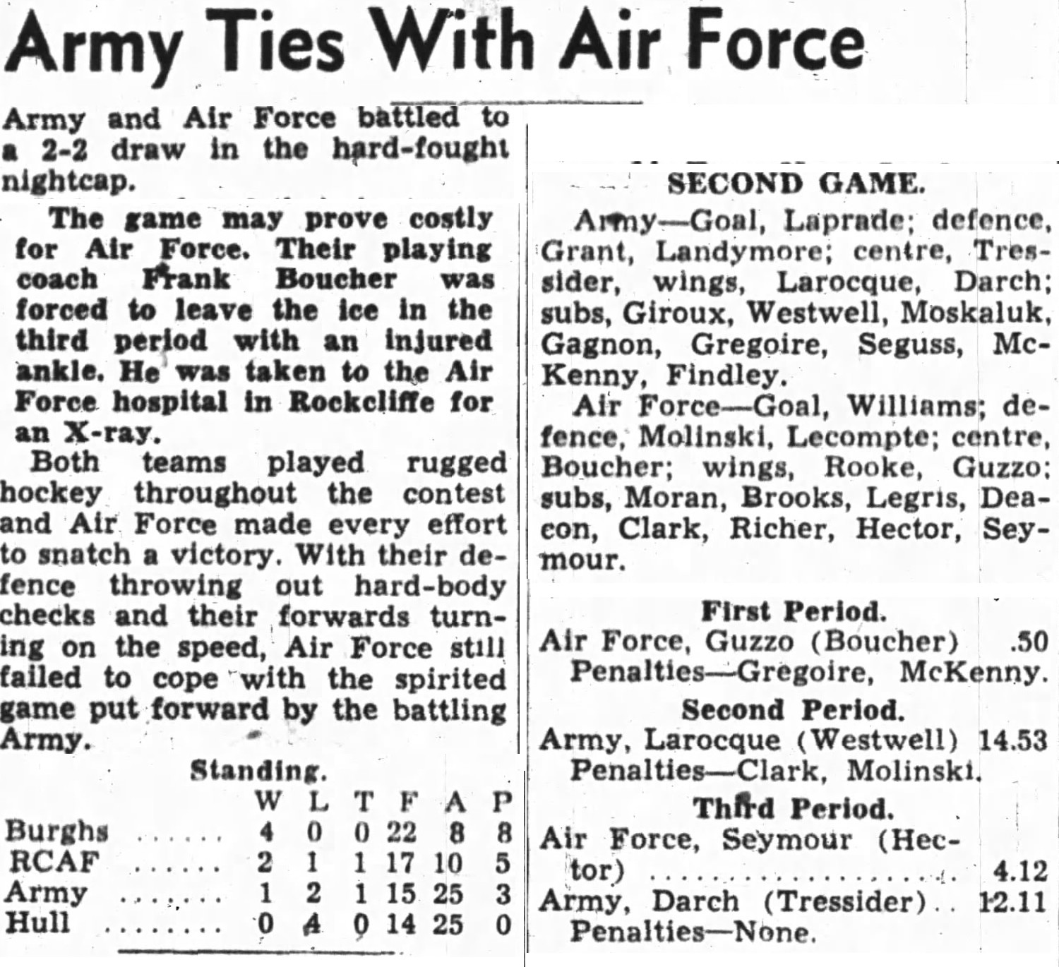 IMAGE: Boxscore Flyers vs Army Nov 12 1947