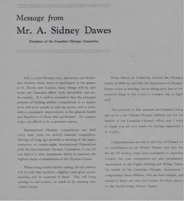 Photo: Olympic Night Program Sidney Dawes Message
