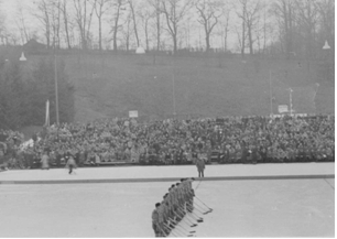 Photo:  RCAF Flyers (left) line up against Swiss National Team in Basel Switzerland