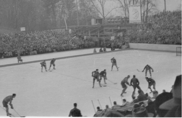 Photo:  RCAF Flyers (left) line up against Swiss National Team in Basel Switzerland